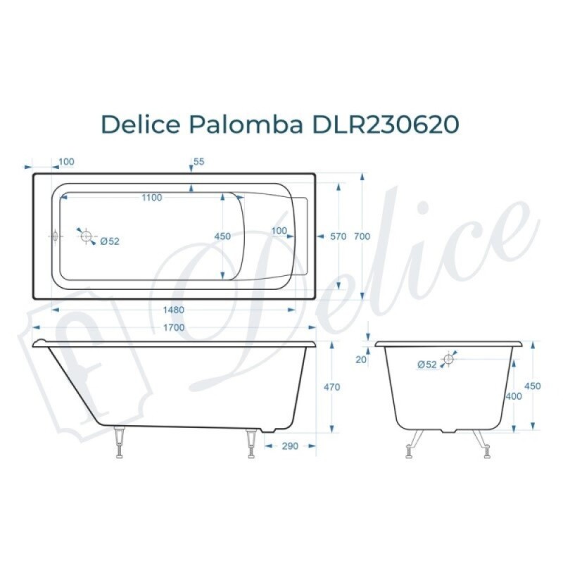 Ванна чугунная Delice Palomba DLR230620, 170 х 70 см, без покрытия, без ручек, цвет белый
