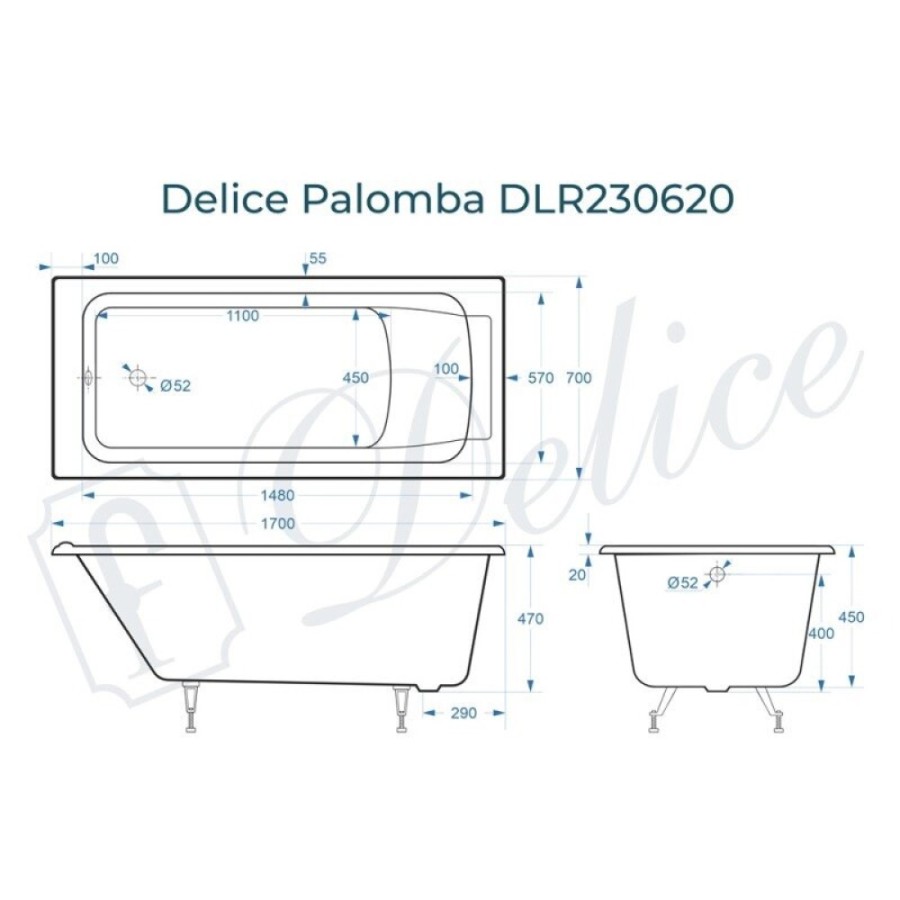 Ванна чугунная Delice Palomba DLR230620, 170 х 70 см, без покрытия, без ручек, цвет белый
