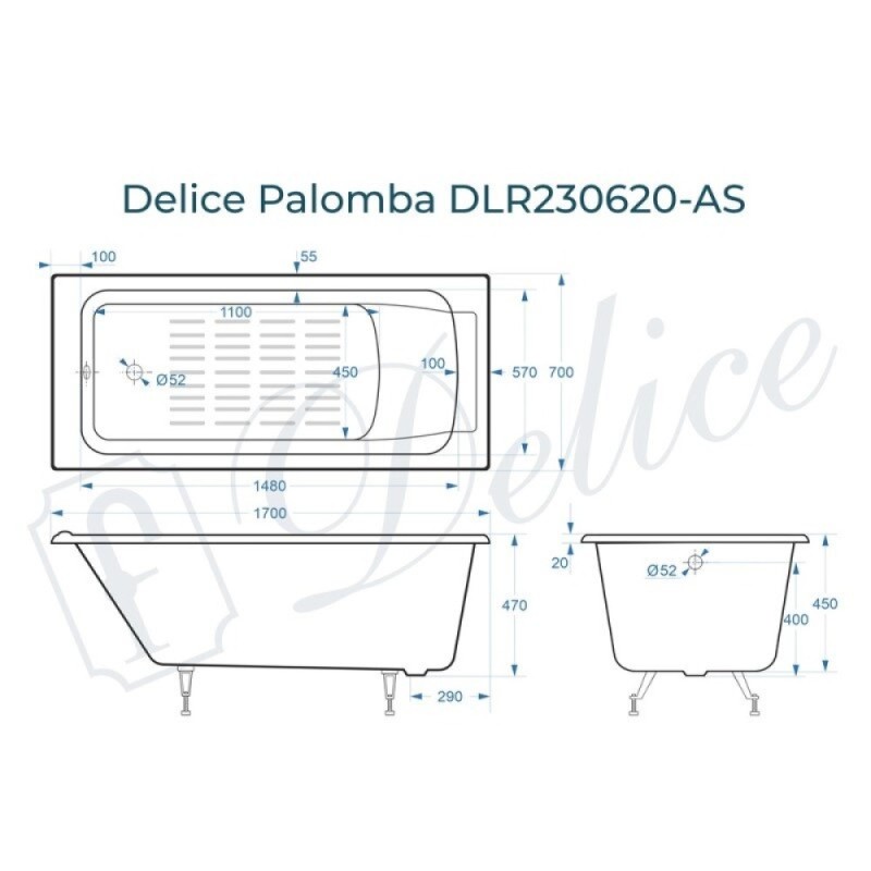 Ванна чугунная Delice Palomba DLR230620-AS, 170 х 70 см, антискользящее покрытие, без ручек, цвет белый