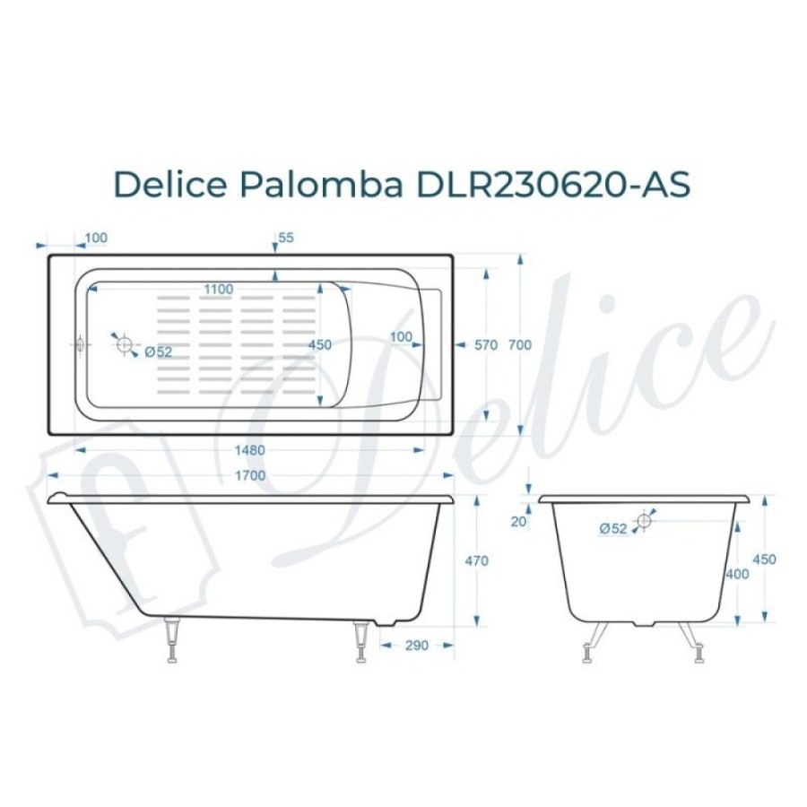 Ванна чугунная Delice Palomba DLR230620-AS, 170 х 70 см, антискользящее покрытие, без ручек, цвет белый