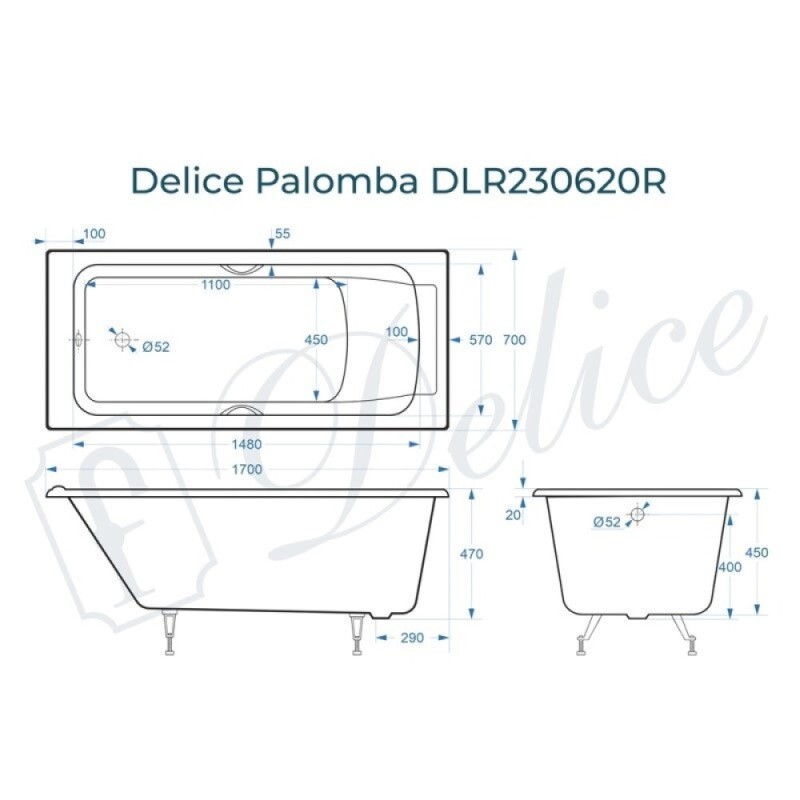 Ванна чугунная Delice Palomba DLR230620R, 170 х 70 см, без покрытия, с отверстиями под ручки, без ручек, цвет белый