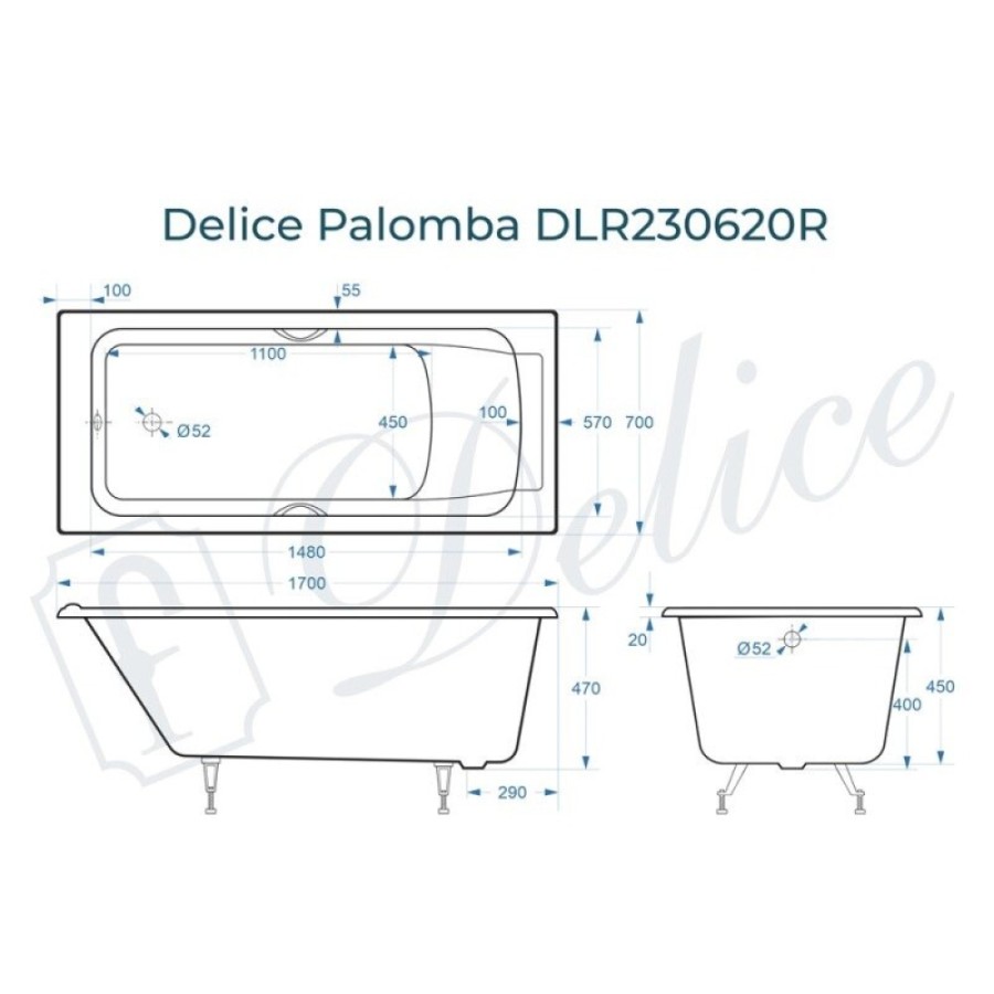 Ванна чугунная Delice Palomba DLR230620R, 170 х 70 см, без покрытия, с отверстиями под ручки, без ручек, цвет белый