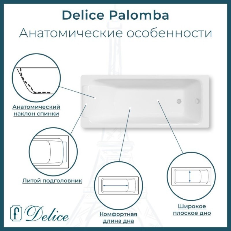Ванна чугунная Delice Palomba DLR230620R-AS, 170 х 70 см, антискользящее покрытие, с отверстиями под ручки, без ручек, цвет белый