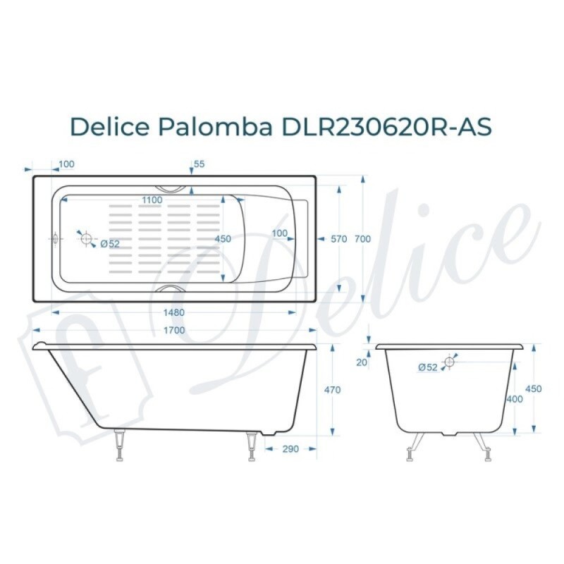 Ванна чугунная Delice Palomba DLR230620R-AS, 170 х 70 см, антискользящее покрытие, с отверстиями под ручки, без ручек, цвет белый