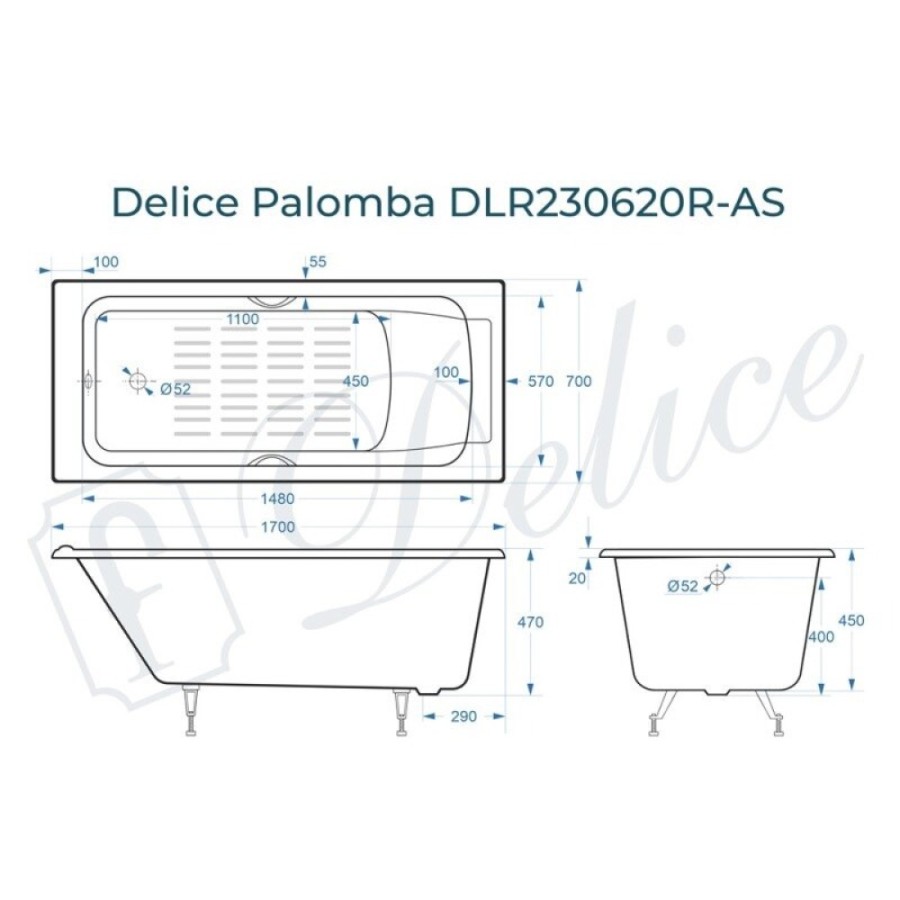 Ванна чугунная Delice Palomba DLR230620R-AS, 170 х 70 см, антискользящее покрытие, с отверстиями под ручки, без ручек, цвет белый