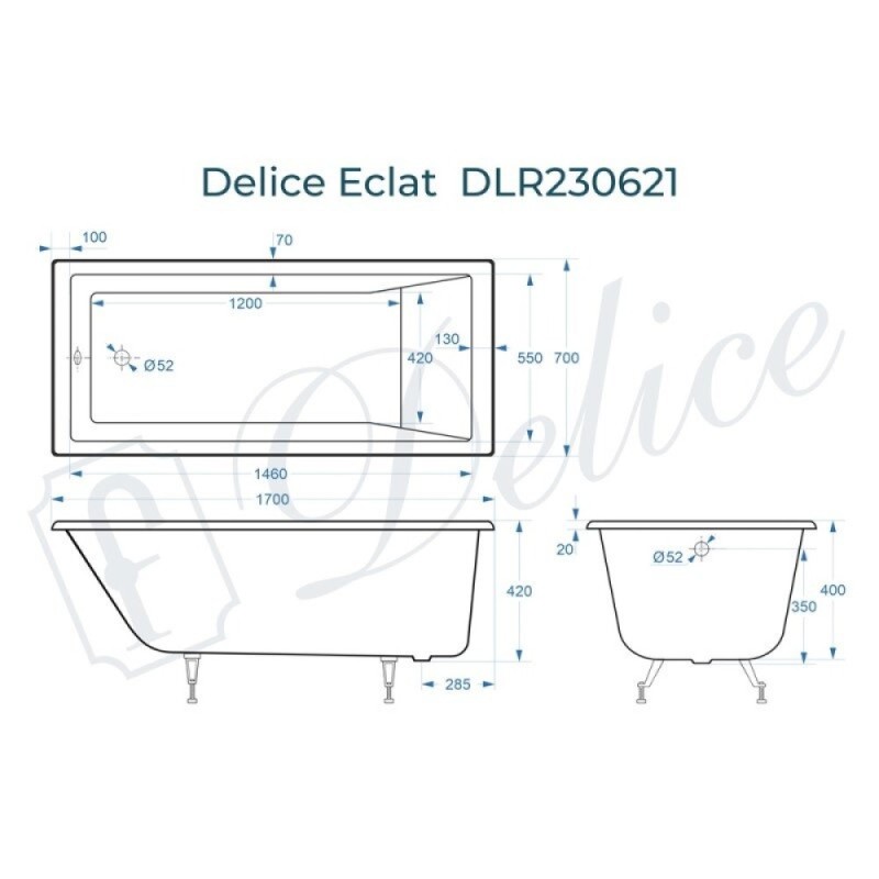 Ванна чугунная Delice Eclat DLR230621, 170 х 70 см, без покрытия, без ручек, цвет белый