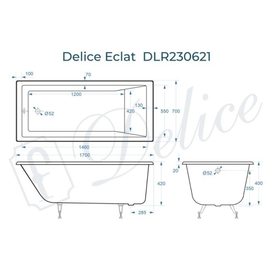Ванна чугунная Delice Eclat DLR230621, 170 х 70 см, без покрытия, без ручек, цвет белый