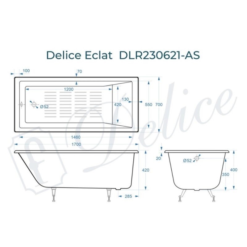 Ванна чугунная Delice Eclat DLR230621-AS, 170 х 70 см, антискользящее покрытие, без ручек, цвет белый