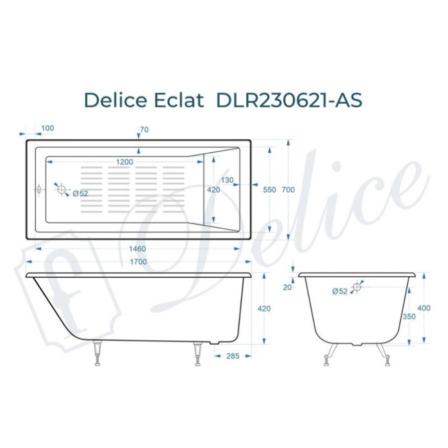 Ванна чугунная Delice Eclat DLR230621-AS, 170 х 70 см, антискользящее покрытие, без ручек, цвет белый