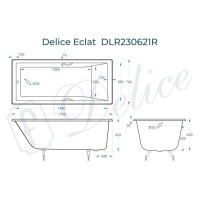Ванна чугунная Delice Eclat DLR230621R, 170 х 70 см, без покрытия, с отверстиями под ручки, без ручек, цвет белый