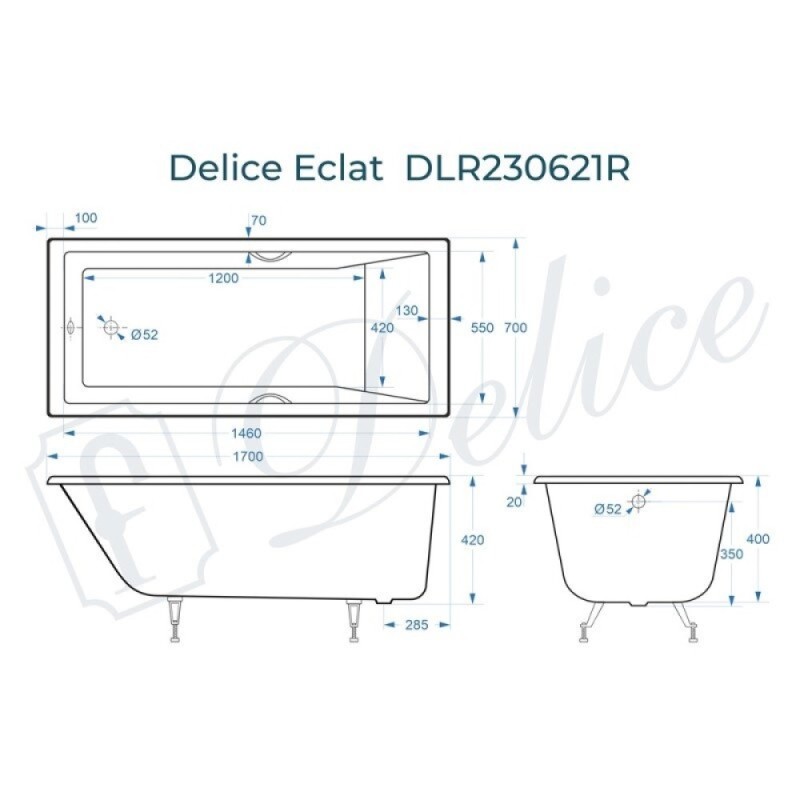 Ванна чугунная Delice Eclat DLR230621R, 170 х 70 см, без покрытия, с отверстиями под ручки, без ручек, цвет белый