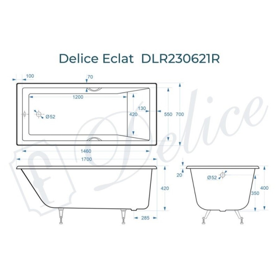 Ванна чугунная Delice Eclat DLR230621R, 170 х 70 см, без покрытия, с отверстиями под ручки, без ручек, цвет белый