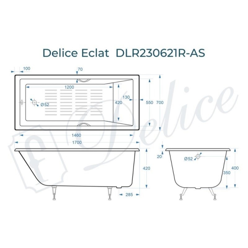 Ванна чугунная Delice Eclat DLR230621R-AS, 170 х 70 см, антискользящее покрытие, с отверстиями под ручки, без ручек, цвет белый