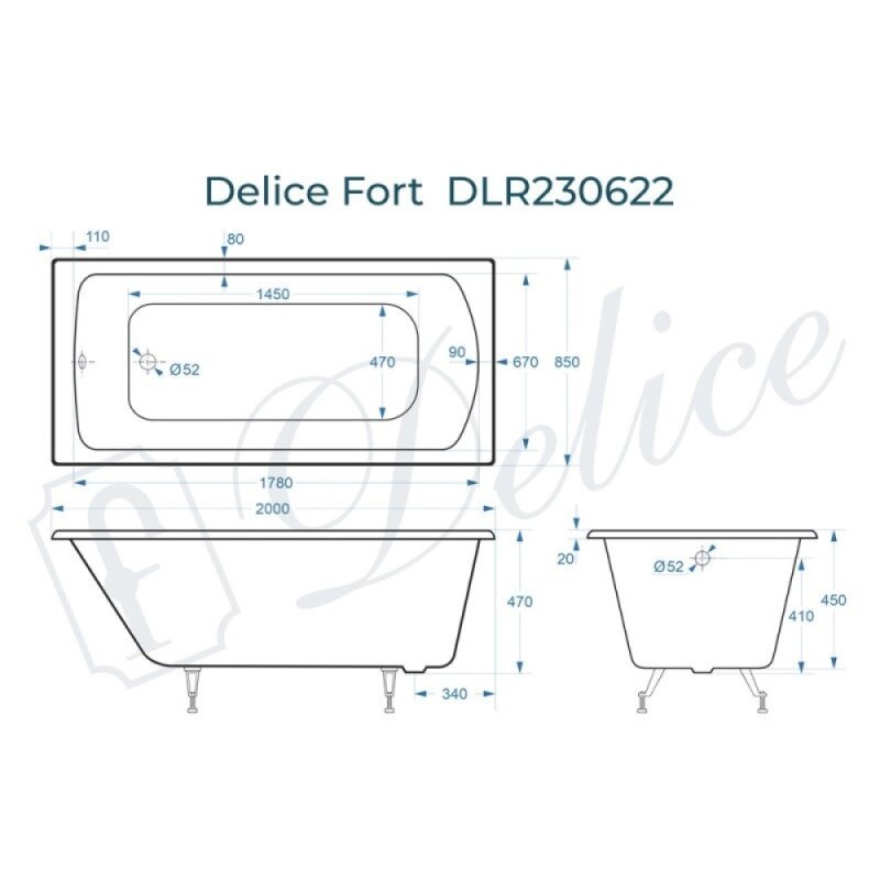 Ванна чугунная Delice Fort DLR230622, 200 х 85 см, без покрытия, без ручек, цвет белый