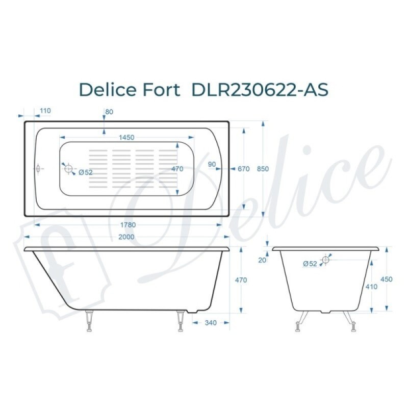 Ванна чугунная Delice Fort DLR230622-AS, 200 х 85 см, антискользящее покрытие, без ручек, цвет белый