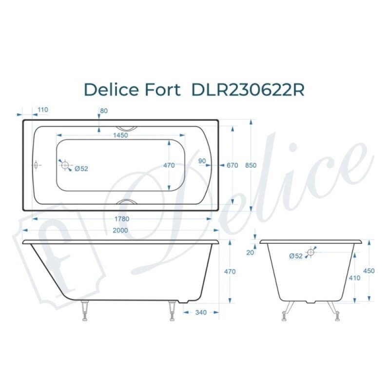 Ванна чугунная Delice Fort DLR230622R, 200 х 85 см, без покрытия, с отверстиями под ручки, без ручек, цвет белый