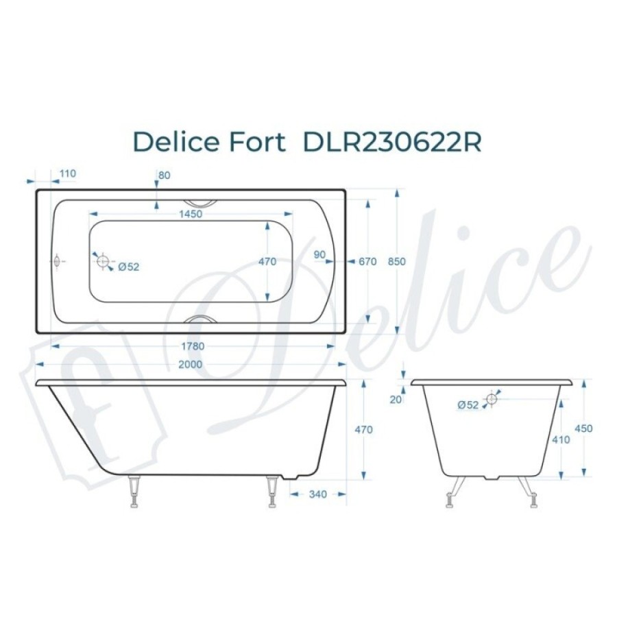 Ванна чугунная Delice Fort DLR230622R, 200 х 85 см, без покрытия, с отверстиями под ручки, без ручек, цвет белый