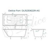 Ванна чугунная Delice Fort DLR230622R-AS, 200 х 85 см, антискользящее покрытие, с отверстиями под ручки, без ручек, цвет белый
