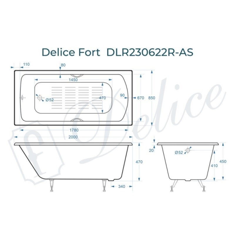 Ванна чугунная Delice Fort DLR230622R-AS, 200 х 85 см, антискользящее покрытие, с отверстиями под ручки, без ручек, цвет белый