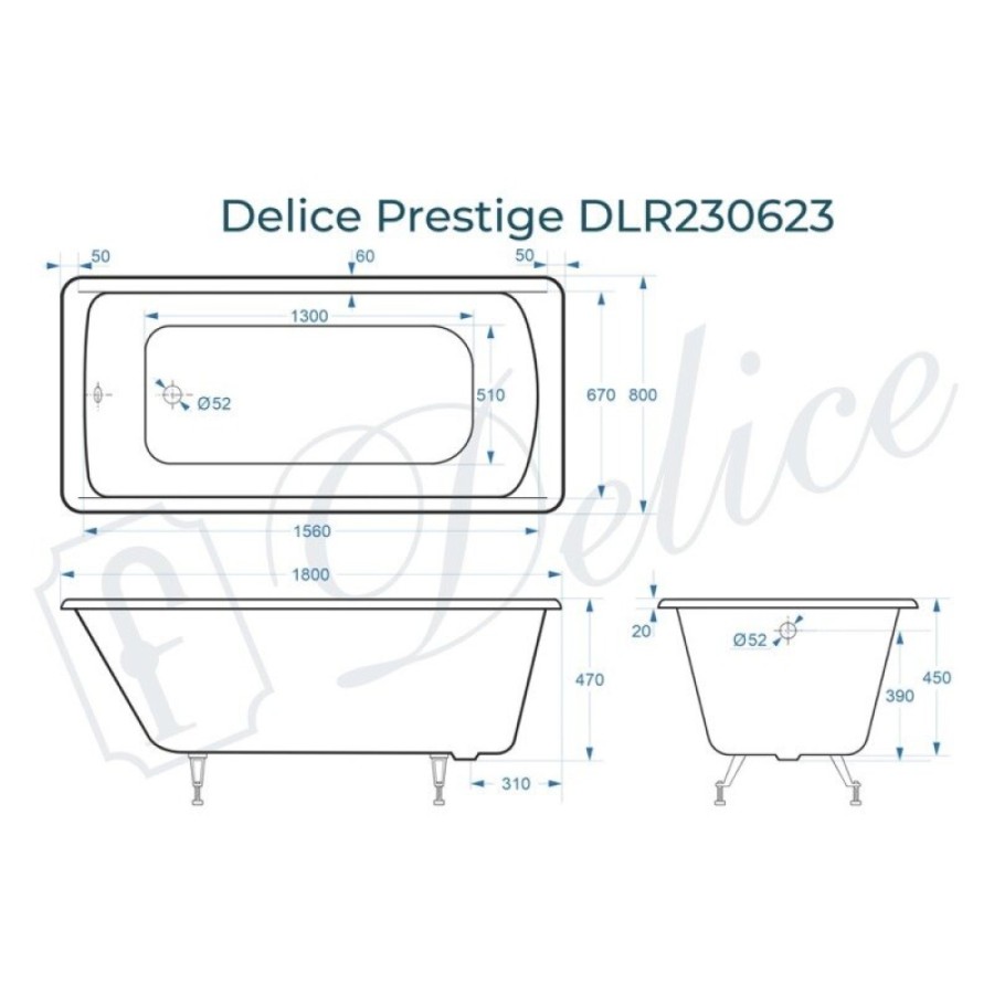 Ванна чугунная Delice Prestige DLR230623, 180 х 80 см, без покрытия, без ручек, цвет белый