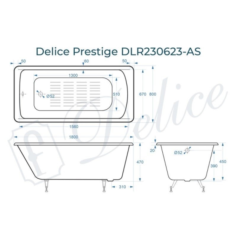 Ванна чугунная Delice Prestige DLR230623-AS, 180 х 80 см, антискользящее покрытие, без ручек, цвет белый