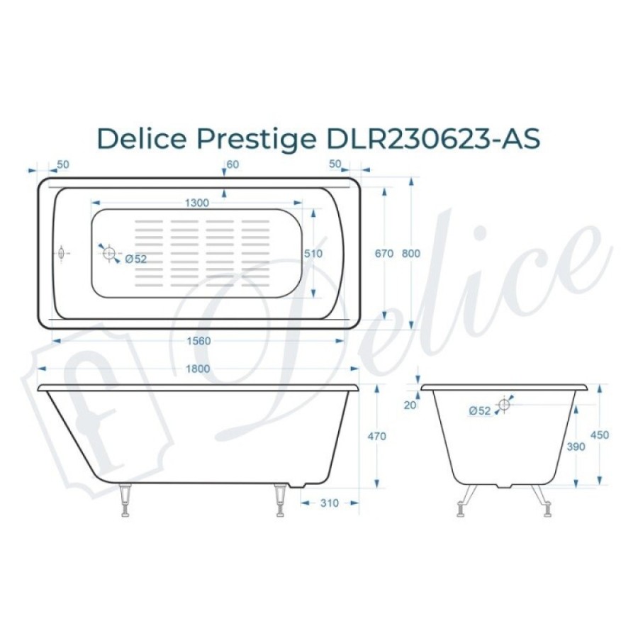 Ванна чугунная Delice Prestige DLR230623-AS, 180 х 80 см, антискользящее покрытие, без ручек, цвет белый