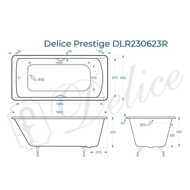 Ванна чугунная Delice Prestige DLR230623R, 180 х 80 см, без покрытия, с отверстиями под ручки, без ручек, цвет белый