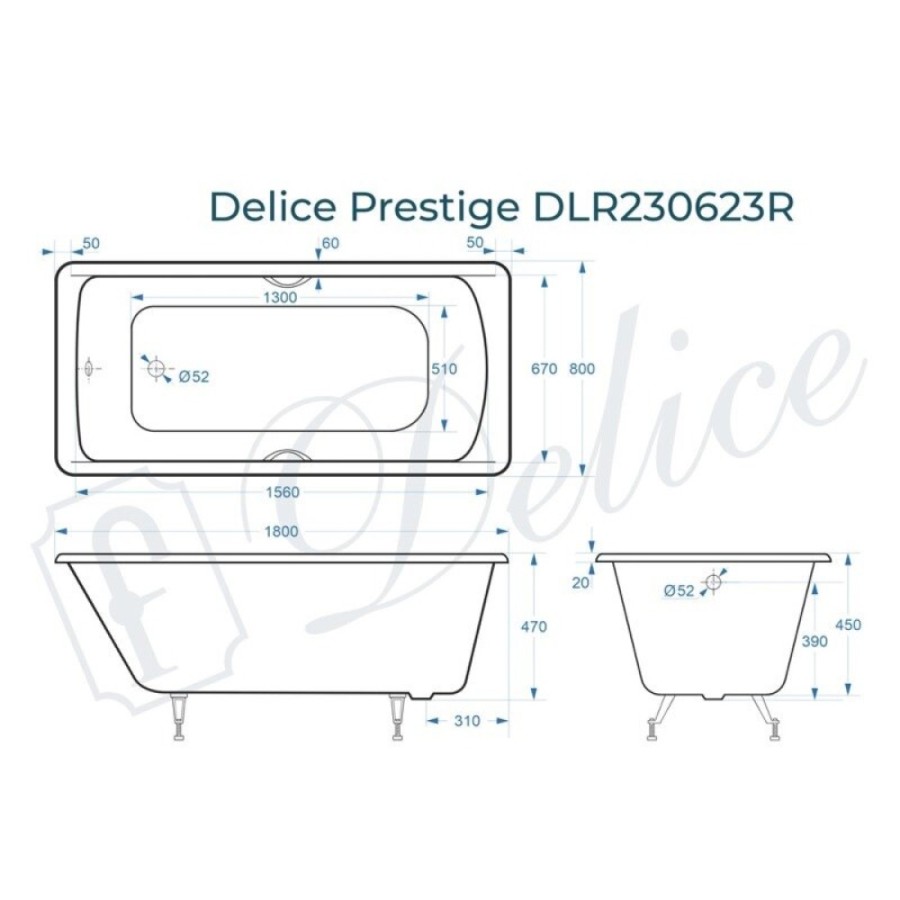 Ванна чугунная Delice Prestige DLR230623R, 180 х 80 см, без покрытия, с отверстиями под ручки, без ручек, цвет белый