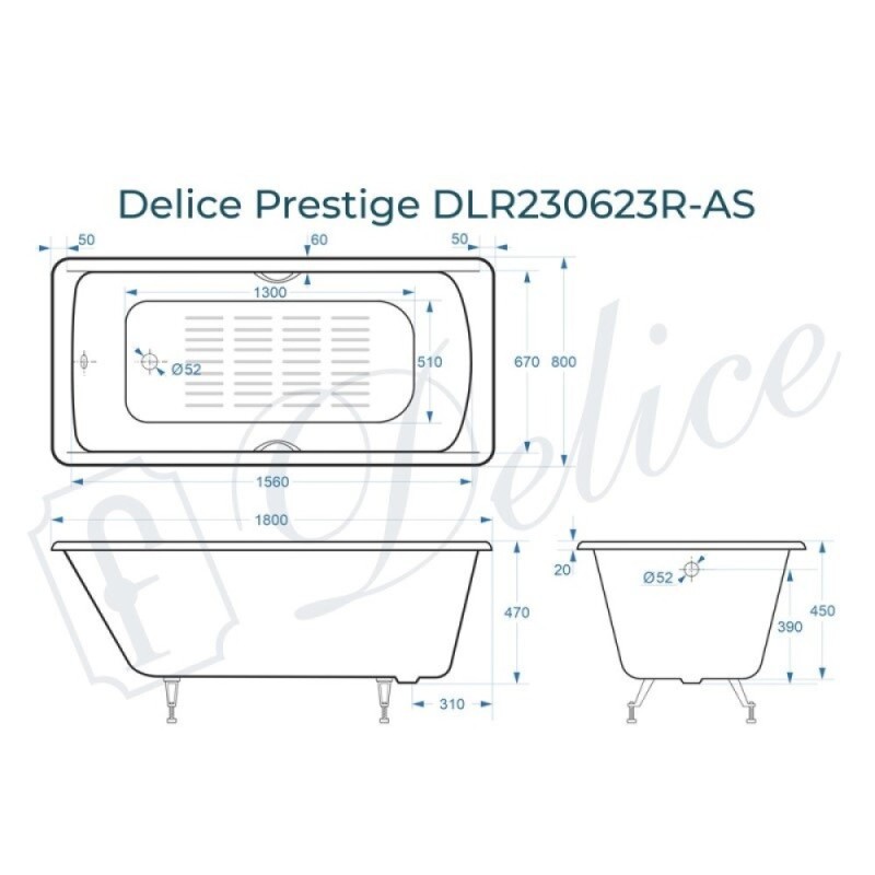 Ванна чугунная Delice Prestige DLR230623R-AS, 180 х 80 см, антискользящее покрытие, с отверстиями под ручки, без ручек, цвет белый
