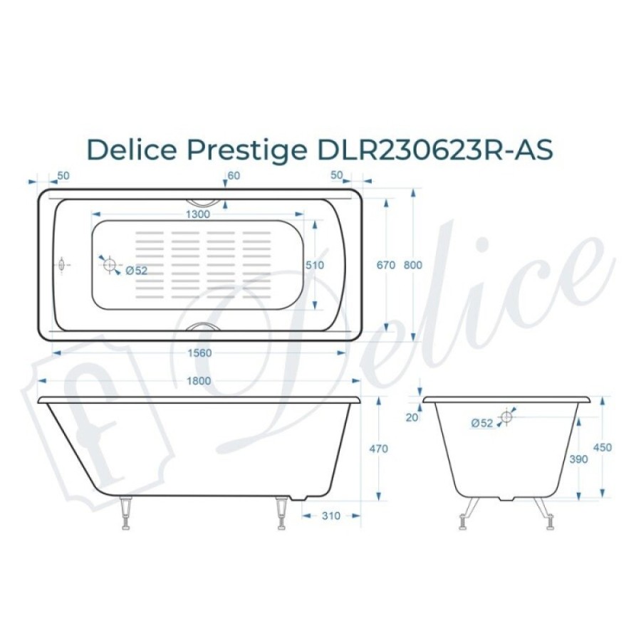 Ванна чугунная Delice Prestige DLR230623R-AS, 180 х 80 см, антискользящее покрытие, с отверстиями под ручки, без ручек, цвет белый
