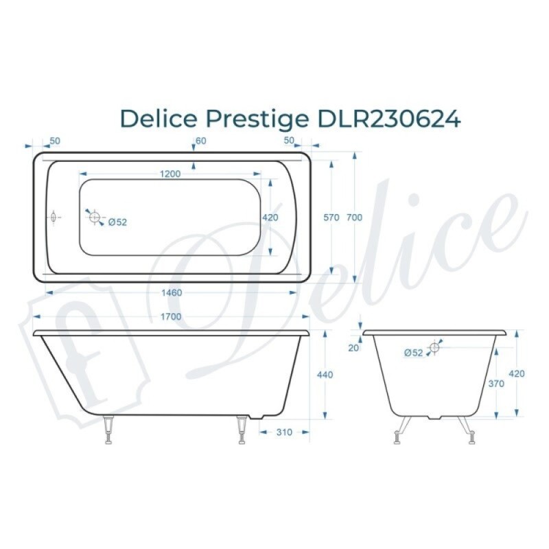 Ванна чугунная Delice Prestige DLR230624, 170 х 70 см, без покрытия, без ручек, цвет белый