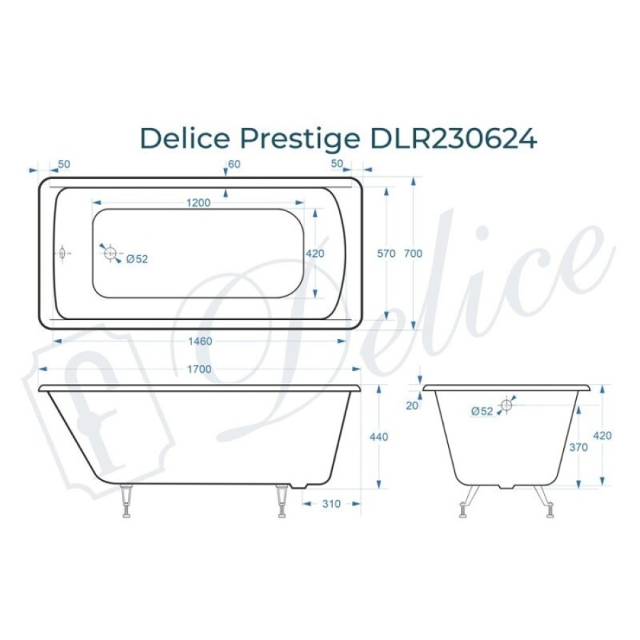 Ванна чугунная Delice Prestige DLR230624, 170 х 70 см, без покрытия, без ручек, цвет белый