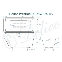Ванна чугунная Delice Prestige DLR230624-AS, 170 х 70 см, антискользящее покрытие, без ручек, цвет белый
