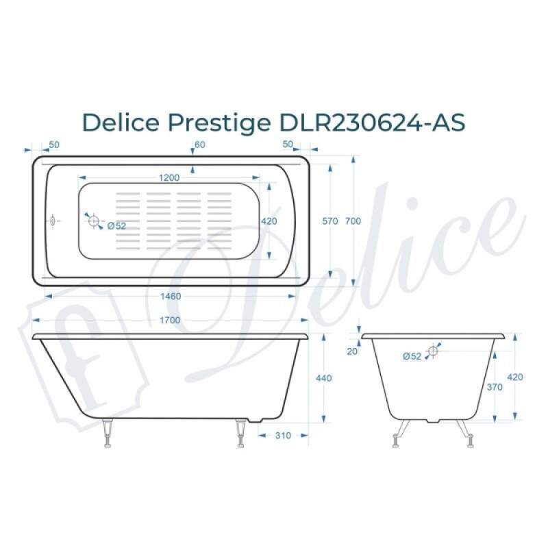 Ванна чугунная Delice Prestige DLR230624-AS, 170 х 70 см, антискользящее покрытие, без ручек, цвет белый