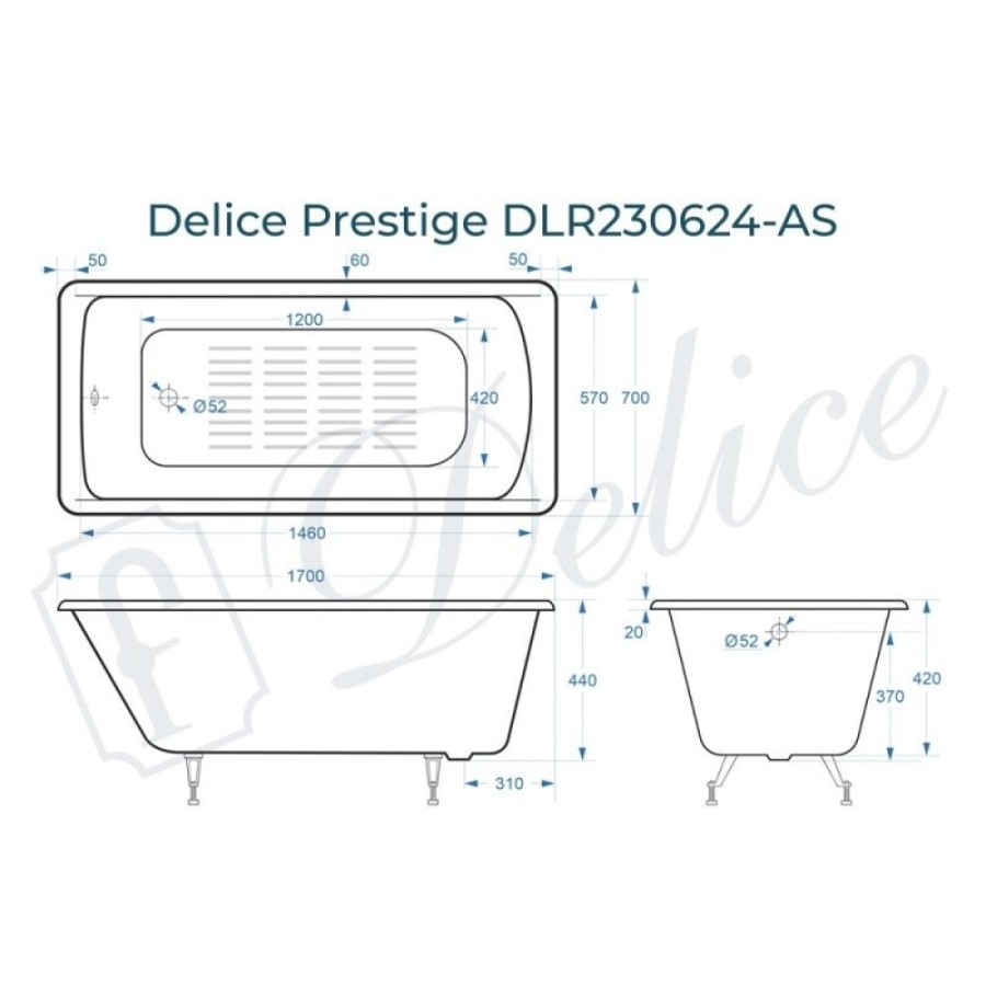 Ванна чугунная Delice Prestige DLR230624-AS, 170 х 70 см, антискользящее покрытие, без ручек, цвет белый