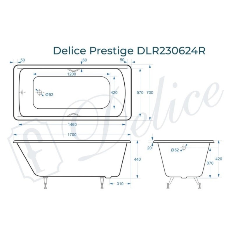 Ванна чугунная Delice Prestige DLR230624R, 170 х 70 см, без покрытия, с отверстиями под ручки, без ручек, цвет белый