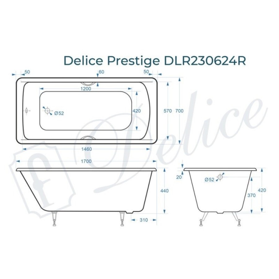 Ванна чугунная Delice Prestige DLR230624R, 170 х 70 см, без покрытия, с отверстиями под ручки, без ручек, цвет белый