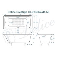 Ванна чугунная Delice Prestige DLR230624R-AS, 170 х 70 см, антискользящее покрытие, с отверстиями под ручки, без ручек, цвет белый