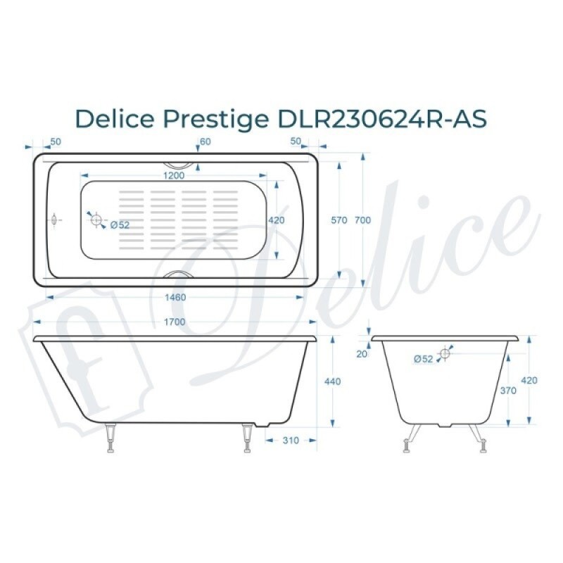 Ванна чугунная Delice Prestige DLR230624R-AS, 170 х 70 см, антискользящее покрытие, с отверстиями под ручки, без ручек, цвет белый