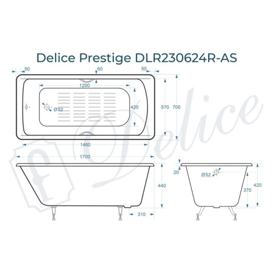 Ванна чугунная Delice Prestige DLR230624R-AS, 170 х 70 см, антискользящее покрытие, с отверстиями под ручки, без ручек, цвет белый