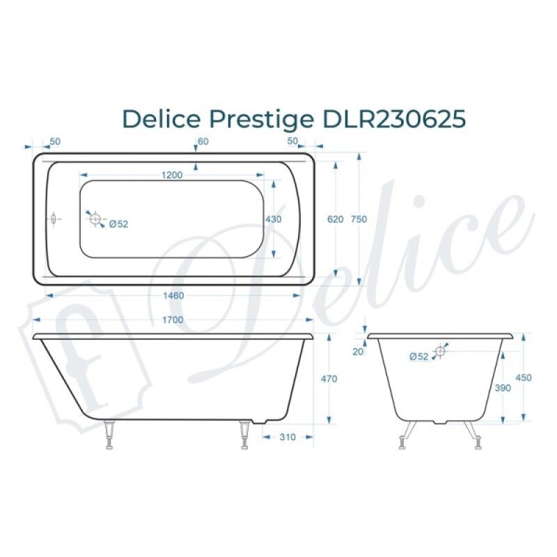 Ванна чугунная Delice Prestige DLR230625, 170 х 75 см, без покрытия, без ручек, цвет белый
