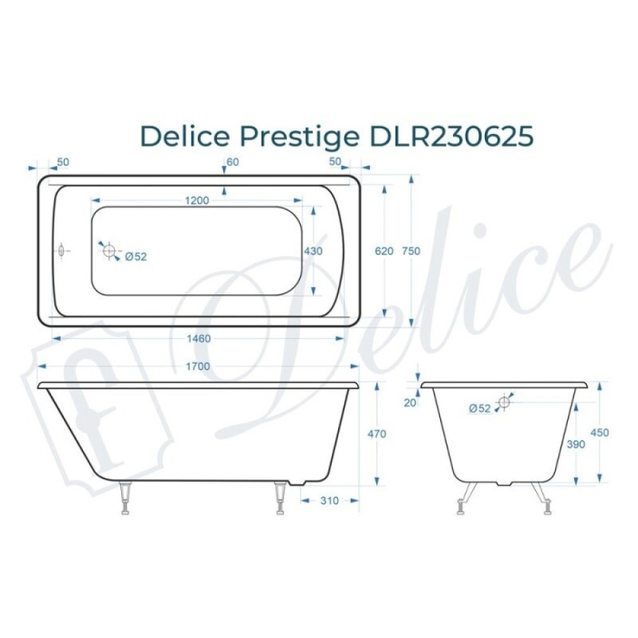 Ванна чугунная Delice Prestige DLR230625, 170 х 75 см, без покрытия, без ручек, цвет белый