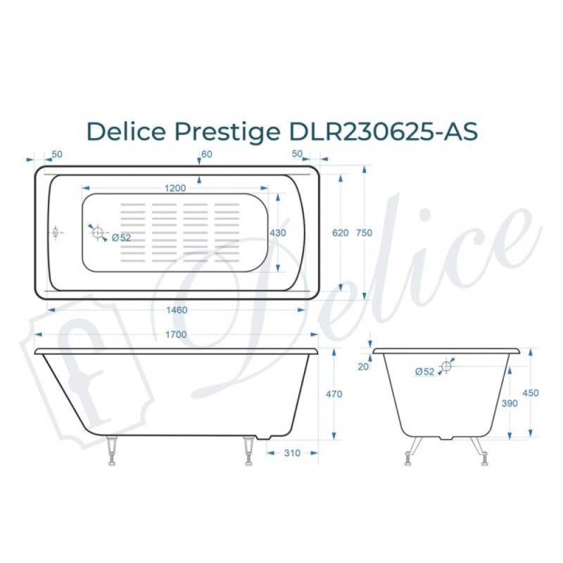 Ванна чугунная Delice Prestige DLR230625-AS, 170 х 75 см, антискользящее покрытие, без ручек, цвет белый