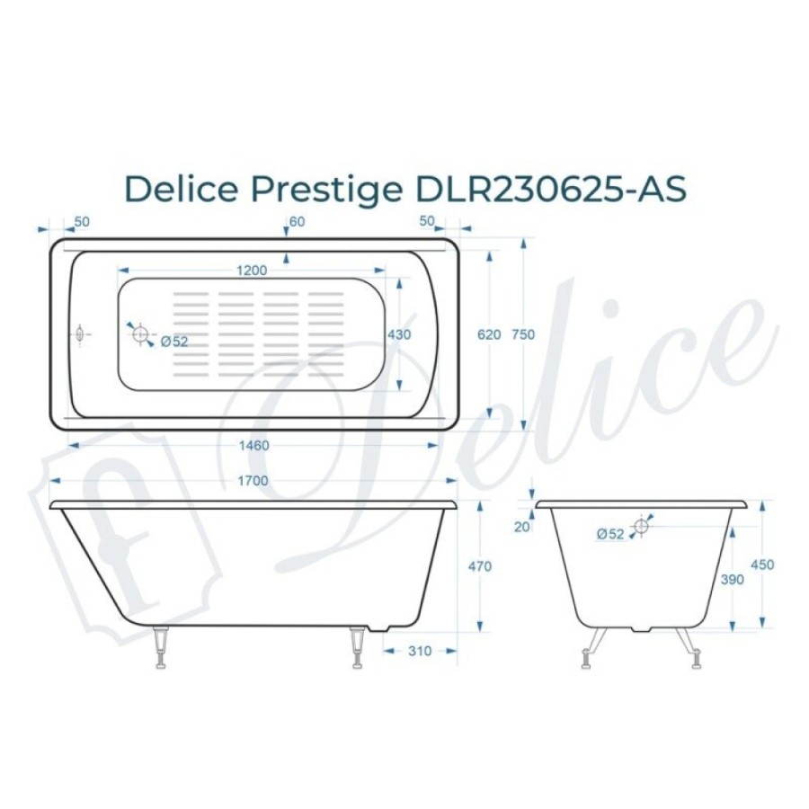 Ванна чугунная Delice Prestige DLR230625-AS, 170 х 75 см, антискользящее покрытие, без ручек, цвет белый