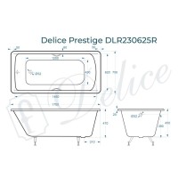 Ванна чугунная Delice Prestige DLR230625R, 170 х 75 см, без покрытия, с отверстиями под ручки, без ручек, цвет белый