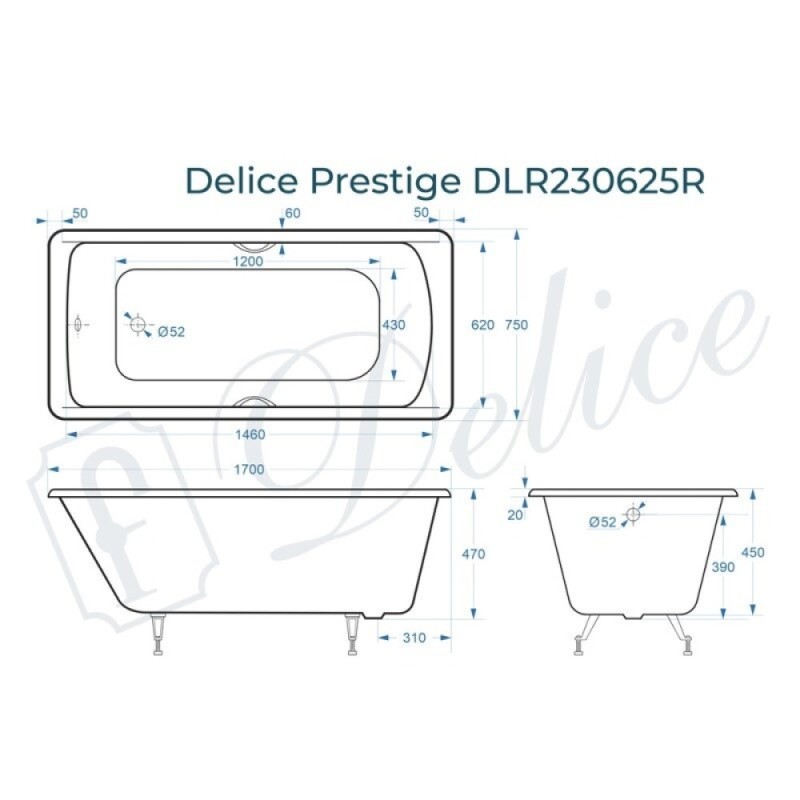 Ванна чугунная Delice Prestige DLR230625R, 170 х 75 см, без покрытия, с отверстиями под ручки, без ручек, цвет белый