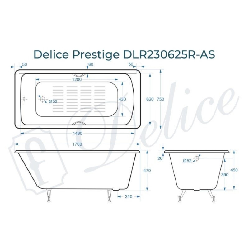 Ванна чугунная Delice Prestige DLR230625R-AS, 170 х 75 см, антискользящее покрытие, с отверстиями под ручки, без ручек, цвет белый
