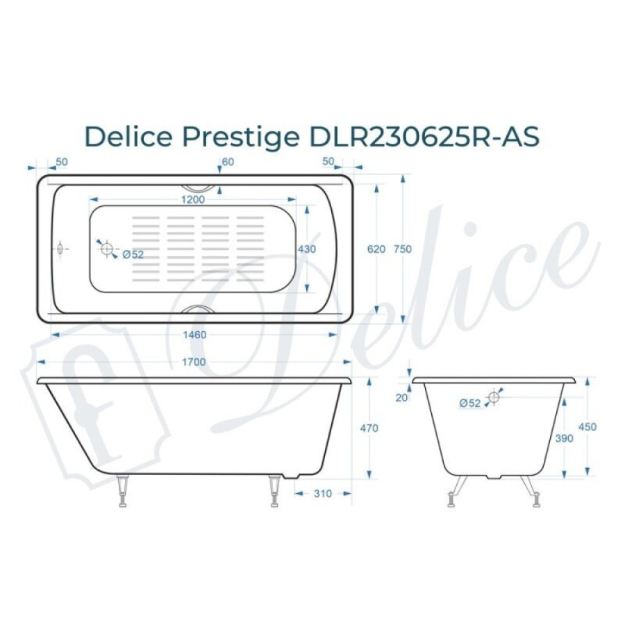 Ванна чугунная Delice Prestige DLR230625R-AS, 170 х 75 см, антискользящее покрытие, с отверстиями под ручки, без ручек, цвет белый