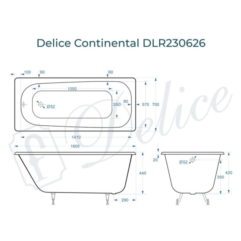 Ванна чугунная Delice Continental DLR230626, 160 х 70 см, без покрытия, без ручек, цвет белый