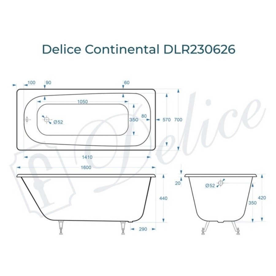 Ванна чугунная Delice Continental DLR230626, 160 х 70 см, без покрытия, без ручек, цвет белый